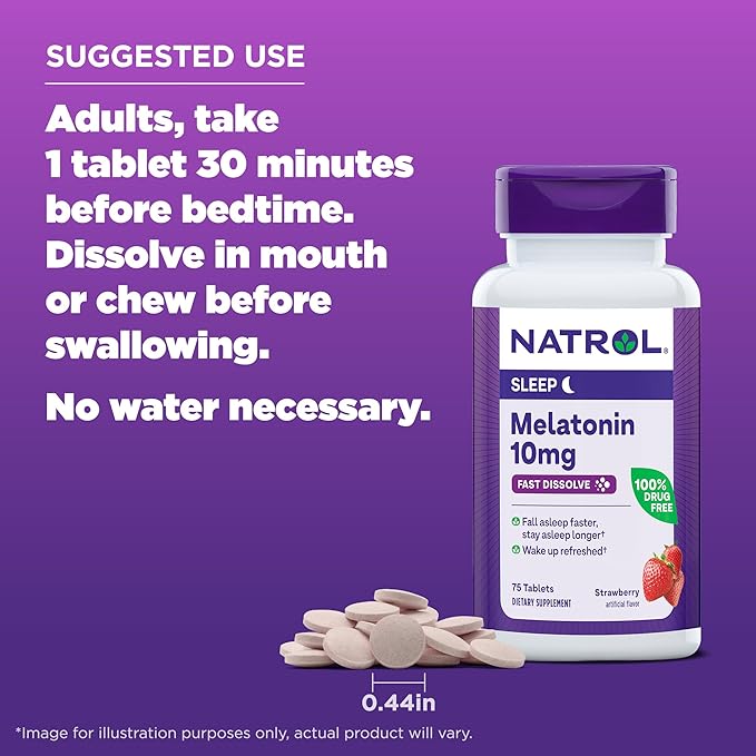 Natrol Fast Dissolve Melatonin 10 mg, Melatonin Supplements for Restful Sleep, Sleep Support for Adults, 75 Strawberry-Flavored Tablets, Up to a 75 Day Supply