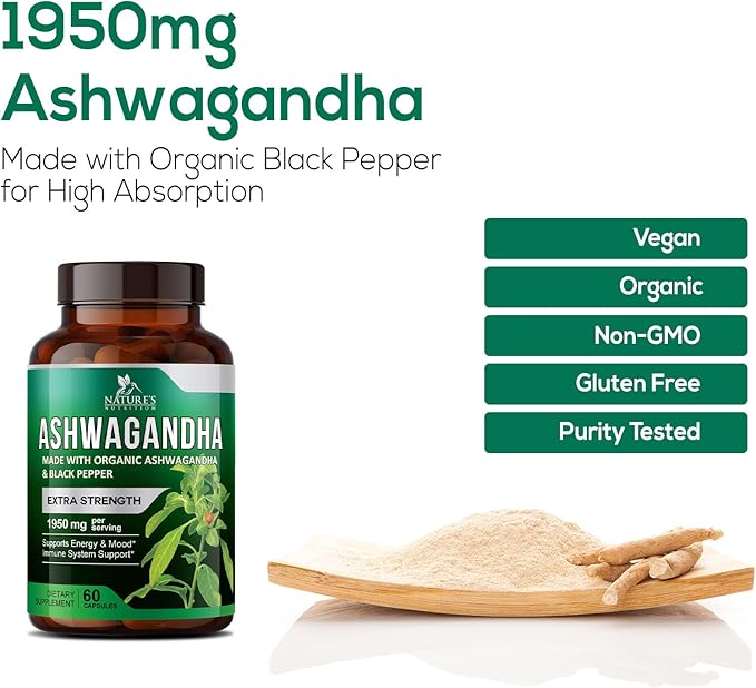 Organic Ashwagandha 1,950 mg - Extra Strength Unwind, Calm & Relax Support with BioPerine - Natural Focus & Energy Support Supplement - Nature's Non-GMO, Vegan, Gluten Free - 60 Capsules