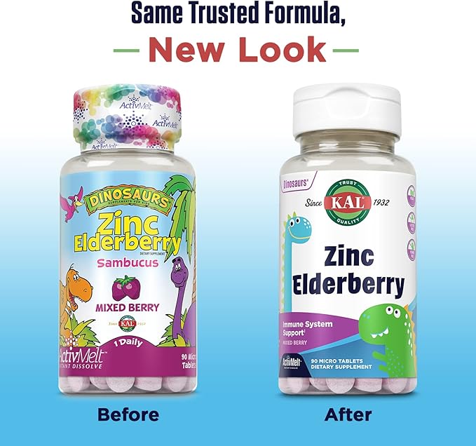 KAL Kids Zinc Elderberry Dinosaurs, Immune Support Supplement* for Children w/ Sambucus Elderberry, Fast Dissolving Mixed Berry ActivMelts, Fun, Tasty Dino Shapes, Vegan, 90 Servings, 90 Micro Tablets