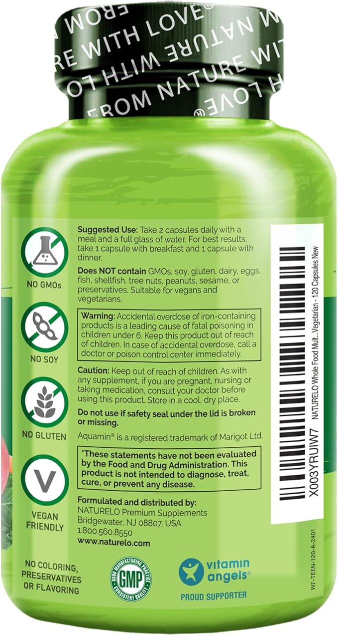 NATURELO Teen Multivitamin - Whole Food Multivitamin - with Minerals for Teenage Boys & Girls - Supplement for Active Kids - Non-GMO - Vegan & Vegetarian - 120 Capsules