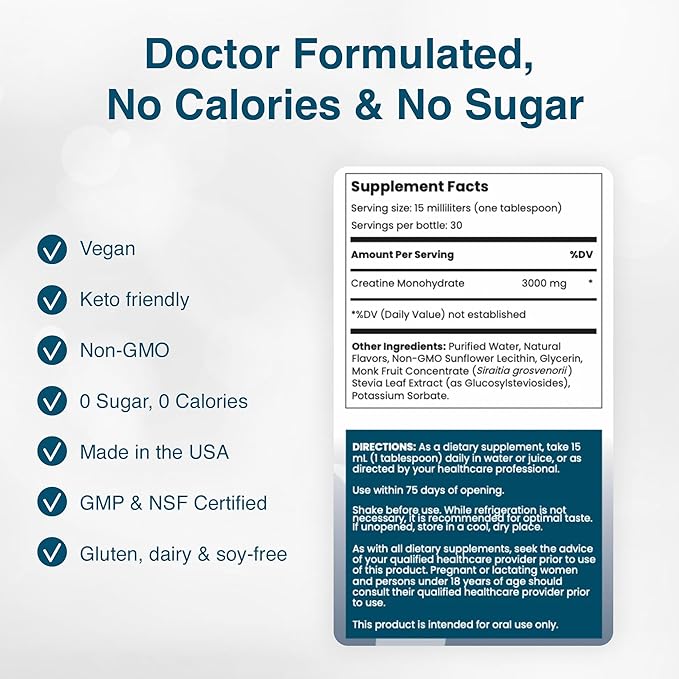 Liposomal Creatine Monohydrate - Ultra High Absorption Liquid Creatine Supplement – Promotes Lean Muscle Mass & Recovery, Supports Brain Function & Enhances Cellular Energy Production