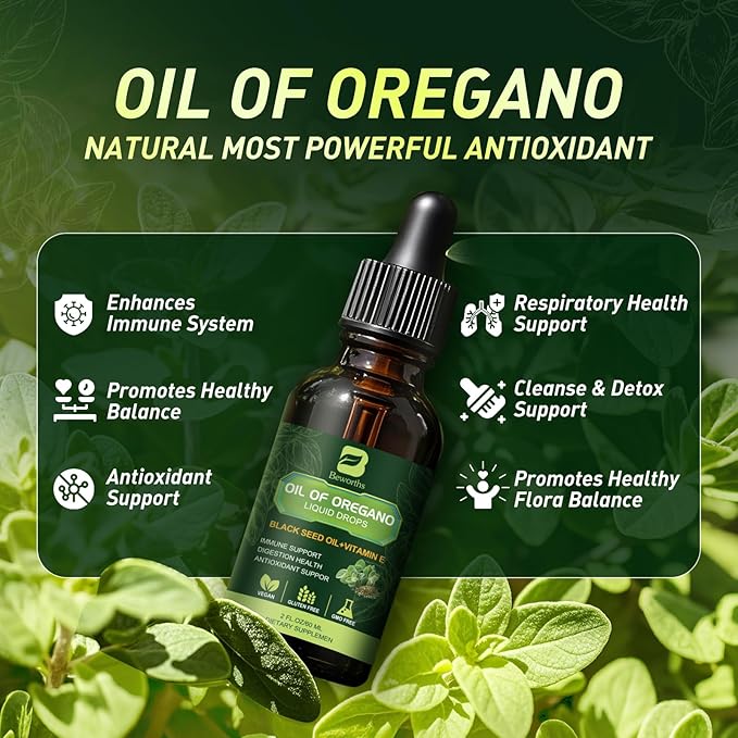 B BEWOTHS Oregano Oil Drops, Oil of Oregano with Black Seed Oil, Vitamin E, Wild Harvest Oil of Oregano Liquid Herbal Blend for Immune, Antioxidant, Digestive Gut Cleanser, Kidney Health Support-Vegan