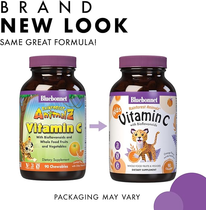 Bluebonnet Nutrition Rainforest Animalz Vitamin C Animal Shape Chewable Tablets, 250mg of Vitamin C, Soy-Free, Gluten-Free, Kosher Certified, Dairy-Free, Vegan, 90 Tablets, 45 Servings, Orange Flavor