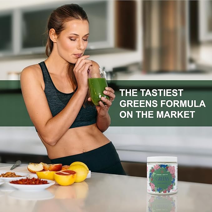 Strong + Sexy Fit Greens Superfood Powder, Green Juice for Gut Health, Energy & Immune Support, Fruit and Veggies Supplement with Wheat Grass, Digestive Enzyme, Vitamin C, 30 SVG, Berry Hibiscus