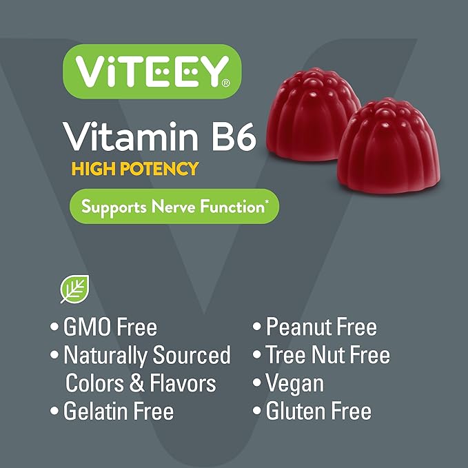 Vitamin B6 Gummies 100mg for Adults & Teens - B6 Vitamins for Mood & Nerve Function Support - Immune Booster - Vegan, GMO Free, Gluten Free, Gelatin Free - Tasty Chewable Berry Flavored VIT B6 Gummy