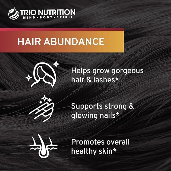 TRIO NUTRITION Hair Abundance | Natural Vitamin Supplement for Hair Growth, Strong Nails and Smooth Skin| Boosted with Collagen, Keratin, Zinc & Selenium | Biotin 10000mcg | 30 Day Supply