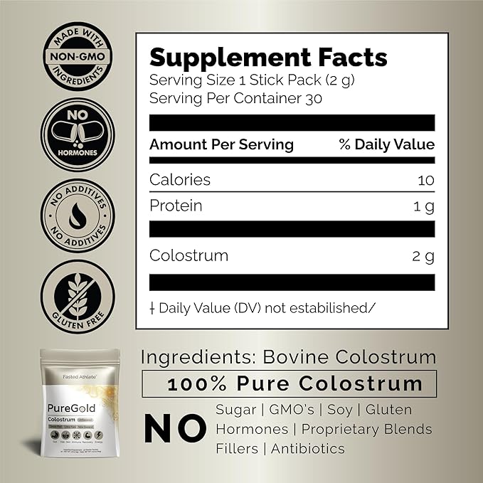 PureGold Colostrum | Premium Grass Fed | Supports Gut Health, Skin & Hair, Muscle Recovery, Bloating, Immunity | Colostrum Supplement Powder | Unflavored, 30 Serving Packets