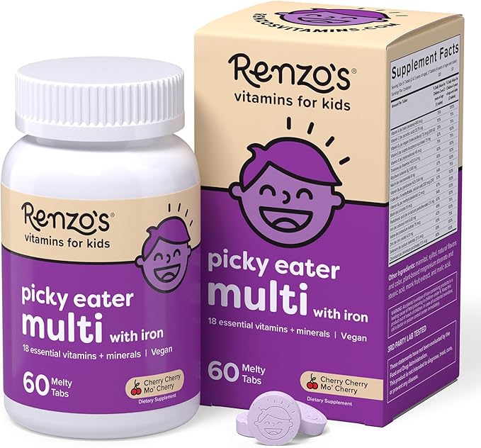 Renzo's Picky Eater Kids Multivitamin with Iron, Dissolving Kids Vitamins with Vitamin D3 & K2 and More, 60 Sugar-Free Melty Tabs, Cherry Cherry Mo’ Cherry Flavored