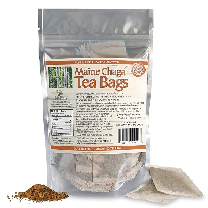 Maine Chaga Tea Bags, Pesticide Free, NOT Imported Chaga, 25 Bleach-Free Bags, USA & Canadian Grown