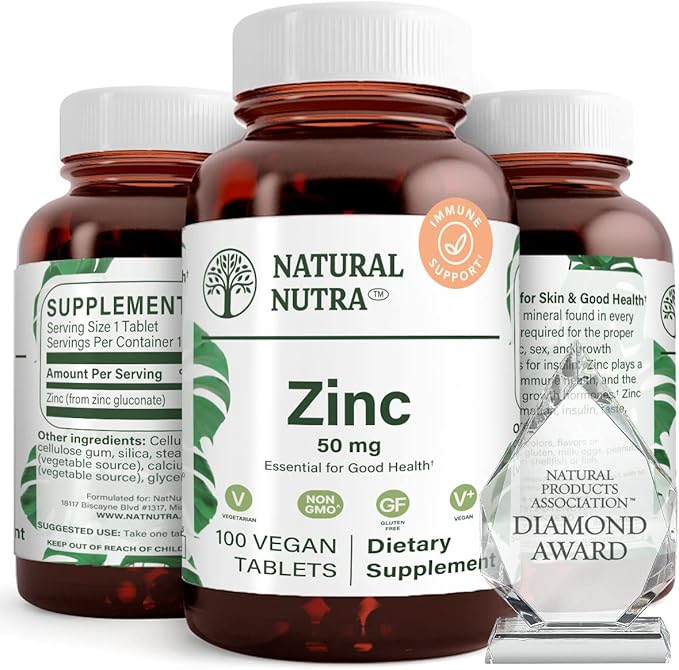 Natural Nutra Zinc Gluconate 50mg Supplement for Immune Support, Promotes Skin Health, Provides Ease From Flu & Cold, Boost Learning & Memory, Enhance Taste & Smell, Gluten Free 50mg 100 Vegan Tablets