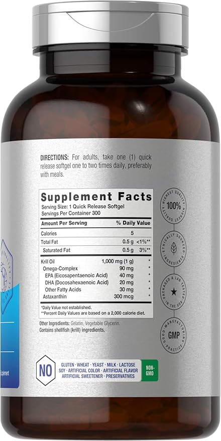 Horbäach Antarctic Krill Oil 1000mg Softgels | 300 Count | Omega 3 Supplements with Astaxanthin, EPA, DHA | Non-GMO, Gluten Free