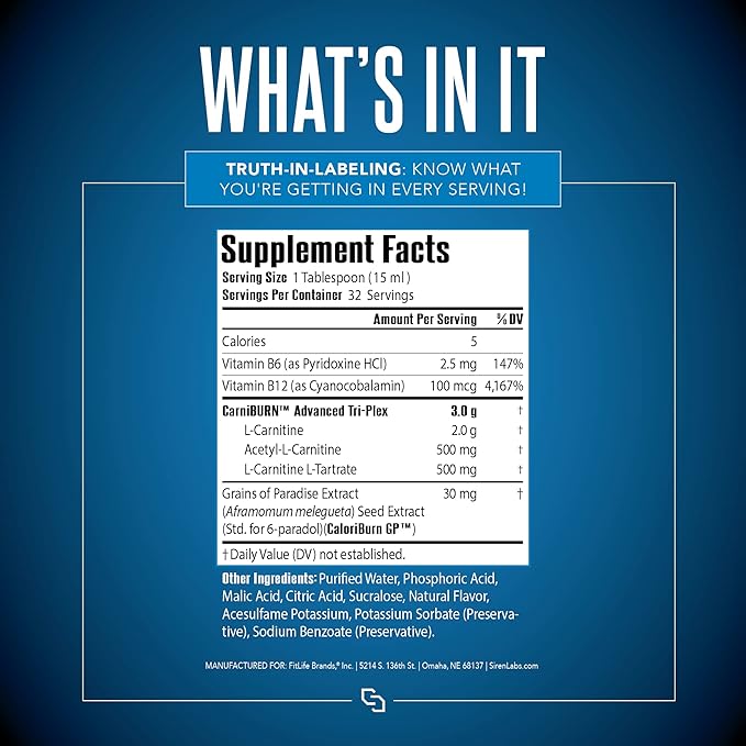 Siren Labs L-Carnitine Elite Burn Liquid Keto Fat Burner and Metabolism Activator - Fat Loss Support Keto Friendly Weight Loss Increase Energy - Stimulant Free - Strawberry Blast 3000mg (32 Servings)