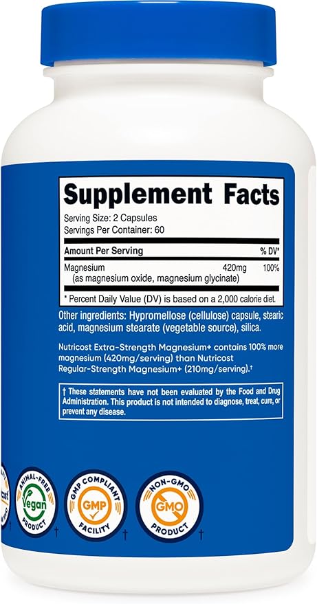 Nutricost Magnesium+ Extra Strength 420mg, 120 Capsules - 60 Servings. Magnesium Oxide and Glycinate - Non-GMO, Gluten Free, Vegan Friendly