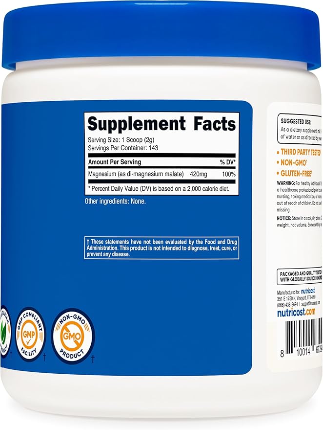 Nutricost Magnesium Malate Powder (300g) - 420mg of Magnesium Per Serving - Non-GMO, Gluten Free
