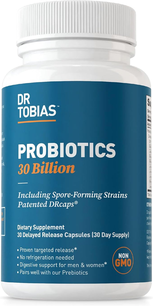 Dr. Tobias Probiotics 30 Billion, 10 Strains, 30 Billion CFU's, Targeted Release Probiotics for Women & Men, Supports Digestive Health, Shelf-Stable, Non-GMO, 30 Capsules, 30 Servings