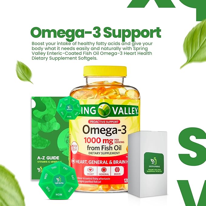 Omega-3 1000mg, from Fish Oil with 120 Softgels with Bundle Exclusive Better Ligth&Spring Guide + Weekly Pill Organizer (3 Items)