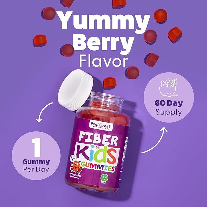 The Feel Great Vitamin Company Fiber Gummies for Kids for Digestive Support | Constipation Relief for Kids | Fruity Flavored Chewable Fiber Gummies | Vegetarian Supplements | 60 Day Supply