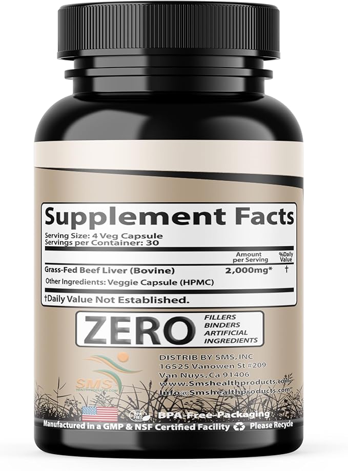 Grass Fed Desiccated Beef Liver Capsules (120 Pills, 500mg Each) - Natural Iron, Vitamin A, B12 for Energy - Humanely Pasture Raised Undefatted Without Hormones or Chemicals