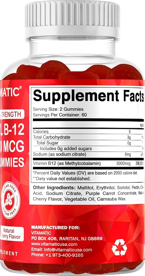 Vitamatic Extra Strength Vitamin B12 5000 mcg (Methyl B12) Gummies - 120 Count - Energy Metabolism Support and Nervous System Health Support, Natural Cherry Flavored (1)