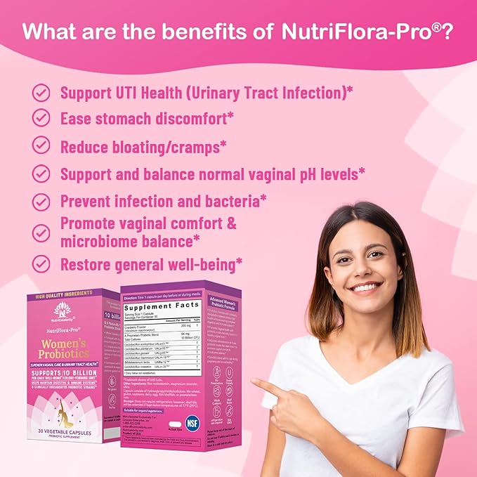 NutriCelebrity NutriFlora-Pro Probiotics for Women - Support Vaginal, Urinary Health (UTI), Digestive System, Period Pain, Yeast, and BV Relief, Cranberry Pills, 10 Billion CFU 6 Strains (30 Caps)