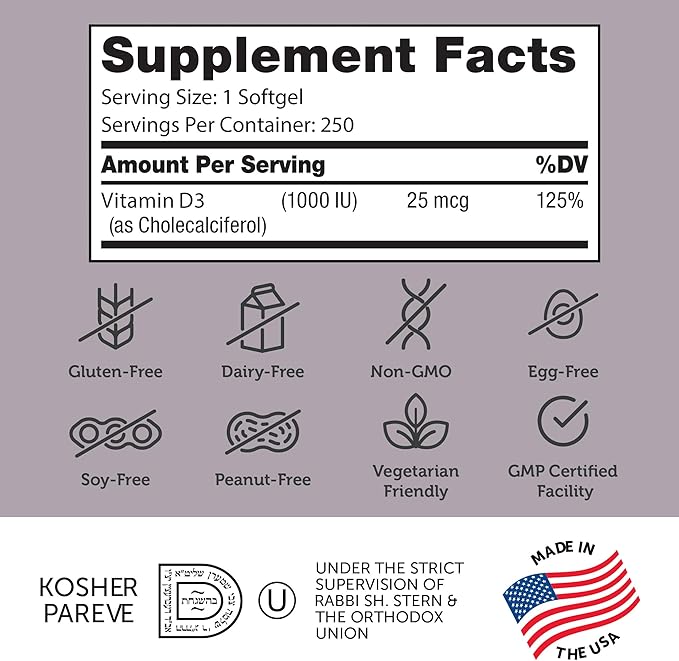 Zahler - Advanced Vitamin D3 1000 IU Softgels (250 Count) Kosher Vegetarian Friendly Vitamin D for Immune Support, Bone, Teeth & Muscle Health - Daily D3 Vitamin Supplement for Adults - Easy Swallow V