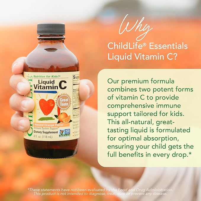 CHILDLIFE ESSENTIALS Liquid Vitamin C - Vitamin C Liquid for Kids, Toddlers, & Babies, Pure Vitamin C Supplement, Immune System Support, Natural Orange Flavor, 4 Fl Oz (Pack of 1)