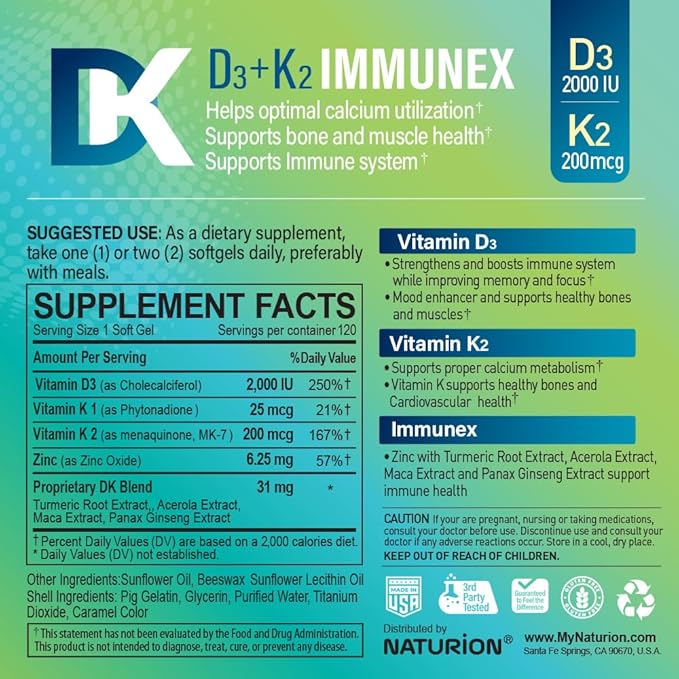 D3+K2 IMMUNEX – Vitamin D3 2000 IU, K1 25 mcg, K2 200 mcg, Zinc 6.25 mg, DK Blend 31 mg – Supports Immune Health, Calcium Metabolism, Bone & Muscle Function – 120 Softgels, 120-Day Supply