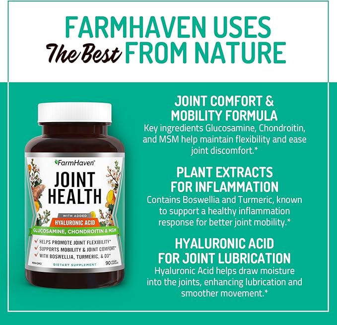 FarmHaven Glucosamine Chondroitin MSM with Boswellia, Turmeric| Added Hyaluronic Acid & Vitamin D3 | Promotes Joint & Muscle Health & Inflammation Response | Non-GMO & Gluten Free | 90 Capsules