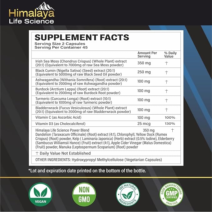 Sea Moss Black Seed Oil Bladderwrack Burdock Capsules. Ashwagandha, Turmeric, Vitamin C, Vitamin D3 with Elderberry Manuka Dandelion Yellow Dock Iodine- 90 Count, All-in-1