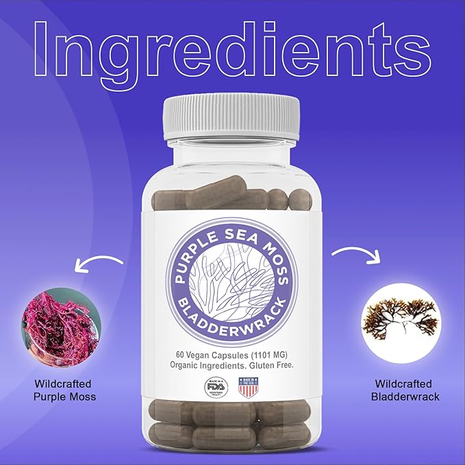 Purple Seamoss + Bladderwrack Seaweed Capsules - 2202mg Complete Nutrient Profile Dr. Sebi Inspired Wildcrafted & Wildharvested Made in The USA Rich in Minerals 60 ct