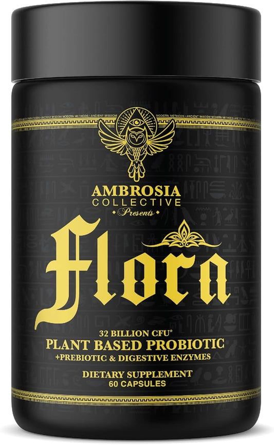 Ambrosia Flora Digestive Enzymes with Probiotics and Prebiotics, Plant Based Gut Health Supplement, 32 Billion CFU, Vegan Probiotic for Digestive Health (30 Servings)