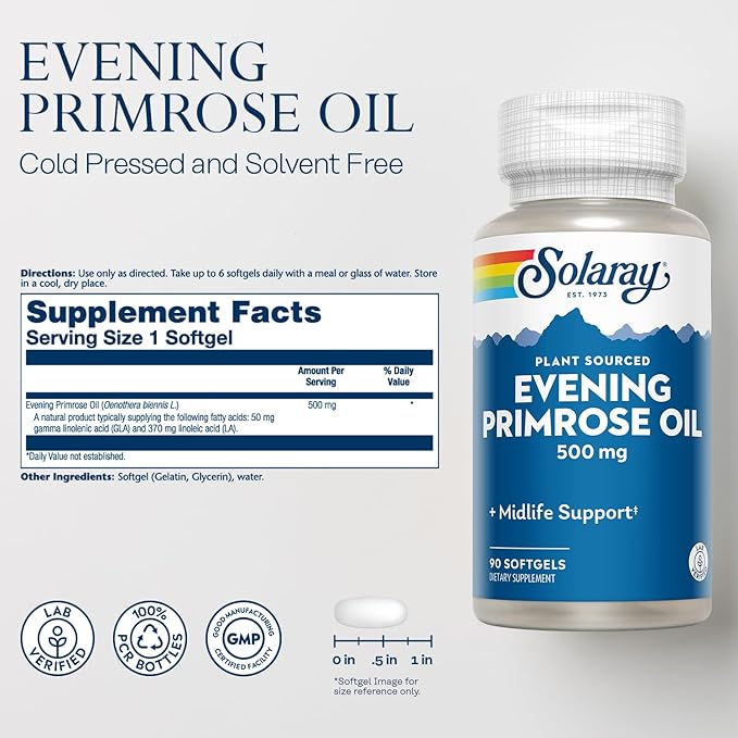 SOLARAY High Potency Evening Primrose Oil 500mg - Midlife Support - Source of Gamma Linolenic Acid and Linoleic Acid - No Solvents, Cold Pressed - 90 Servings, 90 Softgels