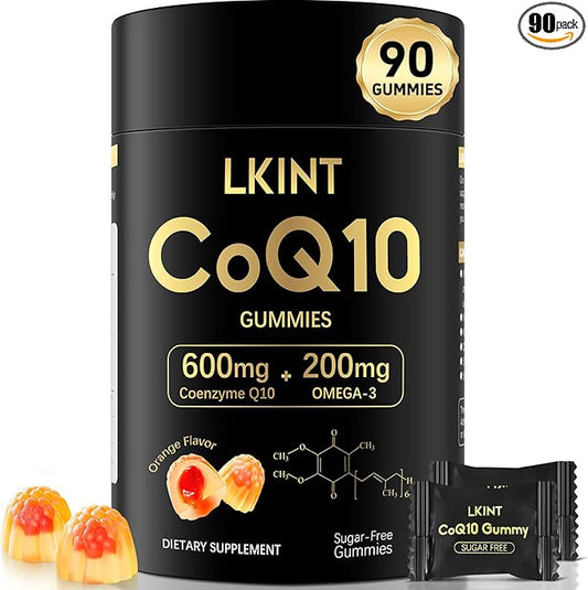 CoQ10 Gummies, Co Q 10 Supplement Sugar Free, Cq10 600mg with Omega 3 & Vitamin E, High Absorption Coenzyme Q10 Gummies for Heart Heathy, Energy & Antioxidant Support, Orange Flavor, 90 Count