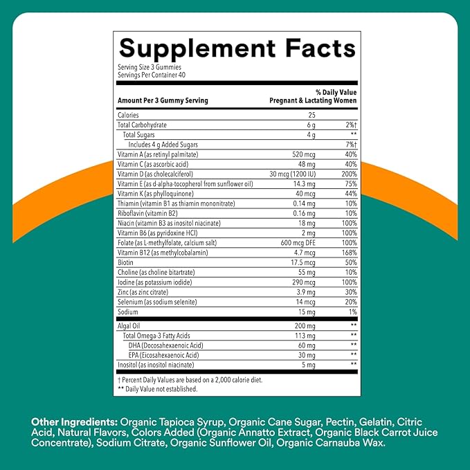 SmartyPants Prenatal Multivitamin Gummies - Improved Formula: Omega 3 (DHA/EPA), Methylfolate, Biotin, Vitamin D3, C, Vitamin B12, B6, Vitamin A, K & Zinc, Gluten Free, 120 Count (40 Day Supply)