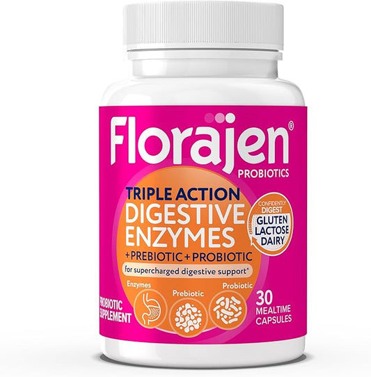 Florajen Digestive Enzymes with Probiotics and Prebiotics for Women and Men - Digestive Health, Gut Relief & Bloating - Triple Action Formula - 30ct