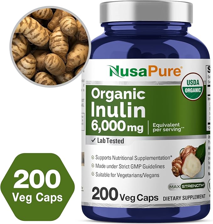 NusaPure Inulin Powder 20:1 Extract, 300 mg Equivalent to 6,000mg | 200 Veggie Capsules |USDA Organic and Non-GMO Supplement
