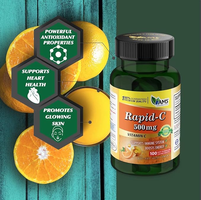 America Medic & Science Rapid-C 500mg Vitamin C Supplement (3 Pack of 100 Tablets) Energy Booster, Daily Immune System Support, Antioxidant | Vegan, Non-GMO Coated Ascorbic Acid for Adult Men & Women