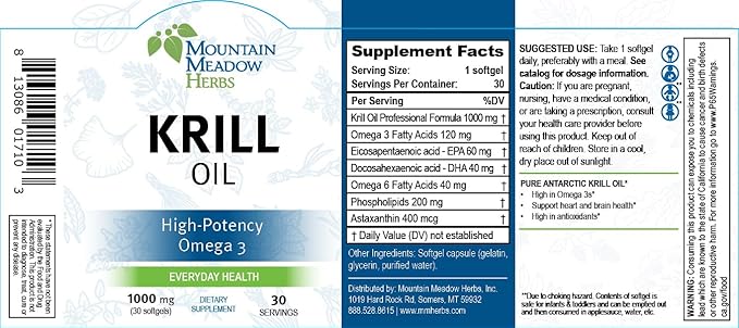 Mountain Meadow Herbs Omega-3 Krill Oil – Pure Antarctic Krill Oil Softgels, High in EPA & DHA for Heart, Brain, and Joint Health – Sustainably Sourced Omega-3 Fatty Acids Supplement – 30ct