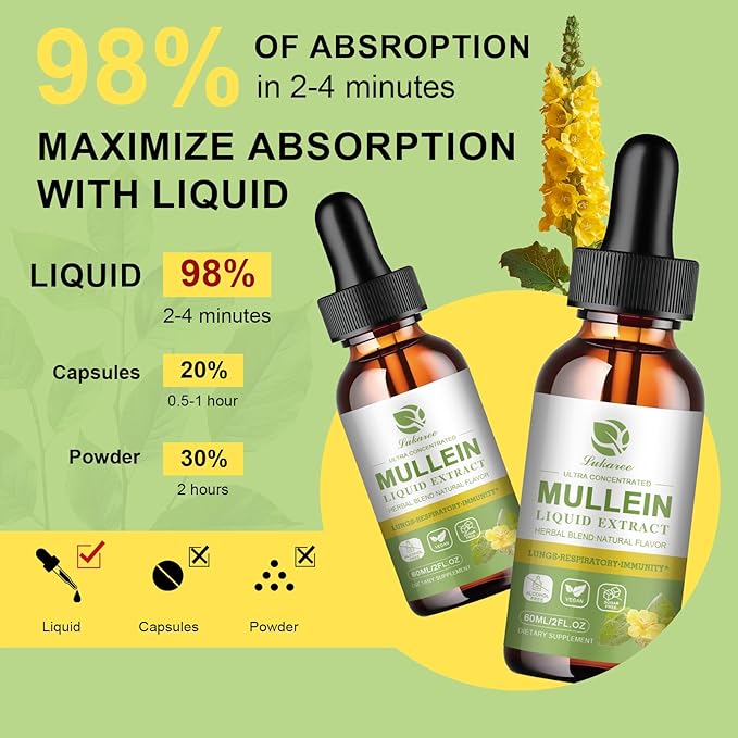 Mullein Drops for Lungs, Lung Detox & Cleanse, Vegan Mullein Leaf Extract Tincture with Chlorophyll Elderberry, etc, Natural Herbal Supplement for Respiratory, Immune, 30 Servings