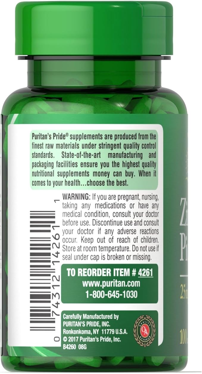 Puritan's Pride Zinc Picolinate Zinc 25mg with Calcium and Phosphorus, Vegetarian Dietary Supplement for Immune System, Energy Metabolism, Cell Division and Growth Support, 100 Caplets