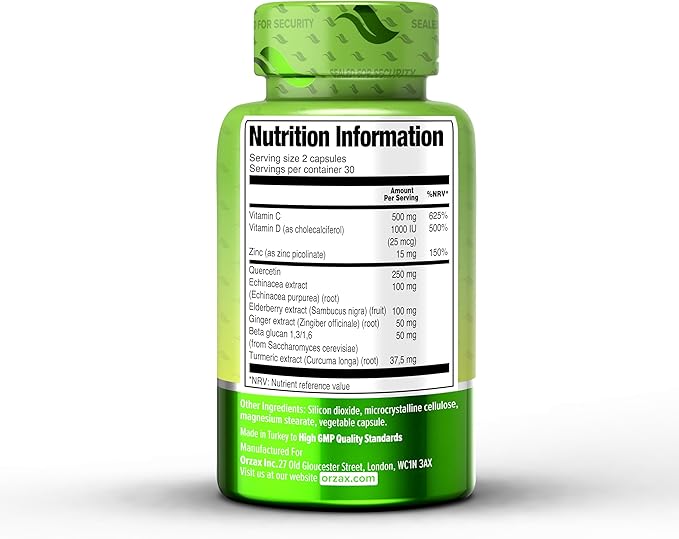 ORZAX 9 in 1 Immune Defense Booster Herbal Supplement, Specialized High Strength Formula - Vitamin C & D, Zinc, Quercetin, Turmeric & Ginger, Echinacea - Non-GMO - 60 Veggie Capsules - 30 Day Supply