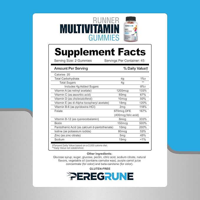 Runner Multivitamin Gummies - Daily Vitamin for Running with Vitamins A, C, D, E, and B Complex – 50% Less Sugar – Antioxidants, Recovery, Endurance, and Energy Gummy – Certified Running Sup