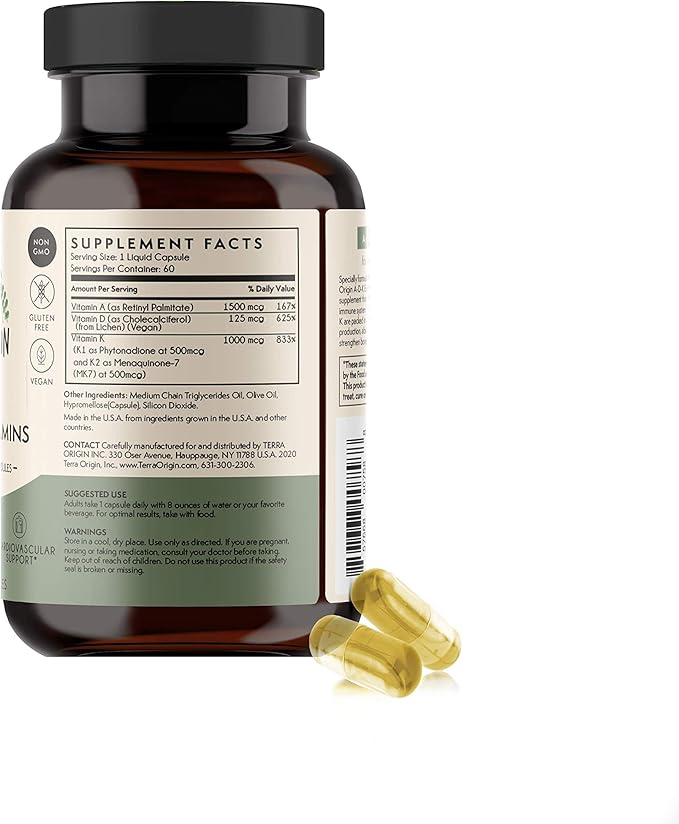 TERRA ORIGIN ADK Essential Vitamin Supplement | 60 Liquid Capsules | High Potency Vitamin A, D 5000 IU, K1 and K2 | Non GMO, Gluten Free, Vegan, Made in USA