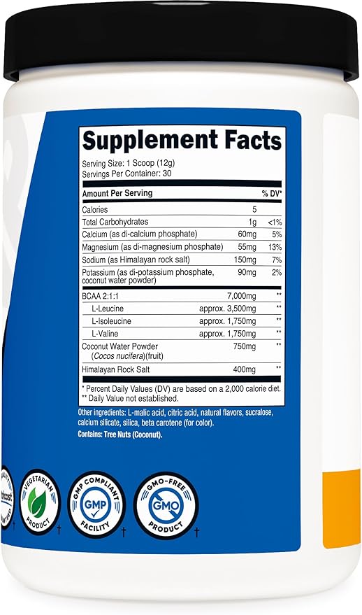 Nutricost BCAA + Hydration Powder (Peach Mango) 30 Servings - Branched Chain Amino Acids with Hydration Complex - Gluten-Free, Non-GMO