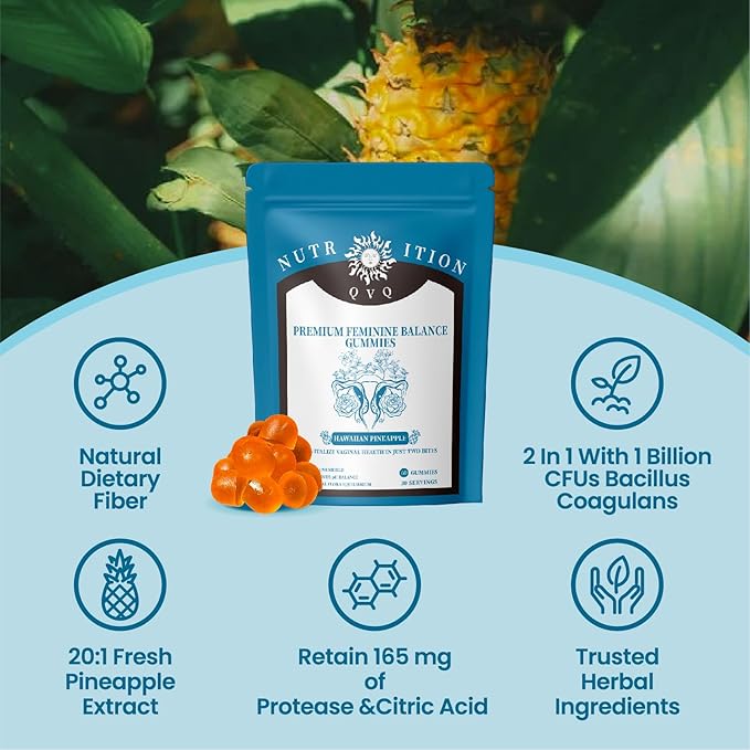 Organic Natural Sourcing Premium Feminine PH Balance Gummies for Women's Health, Immune Support, Hawaiian Pineapple Flavor Gluten-Free, Vegan Premium Feminine Balance Gummies For women-60 Prebiotics