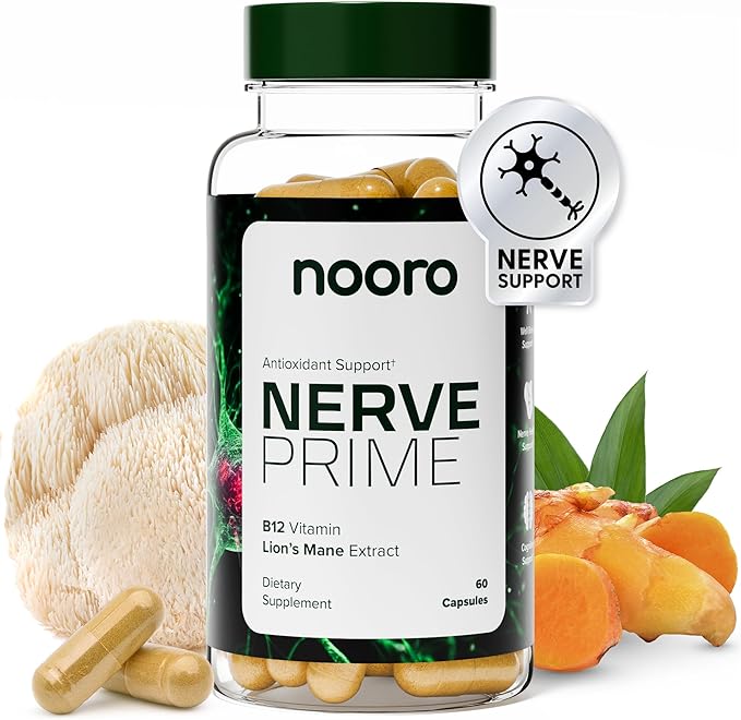 nooro Nerve Prime Supplement - R-Alpha Lipoic Acid, Lion’s Mane Mushroom, and Curcumin, Well-Being Support, Cognitive Function, Antioxidant Protection, 30-Day Supply