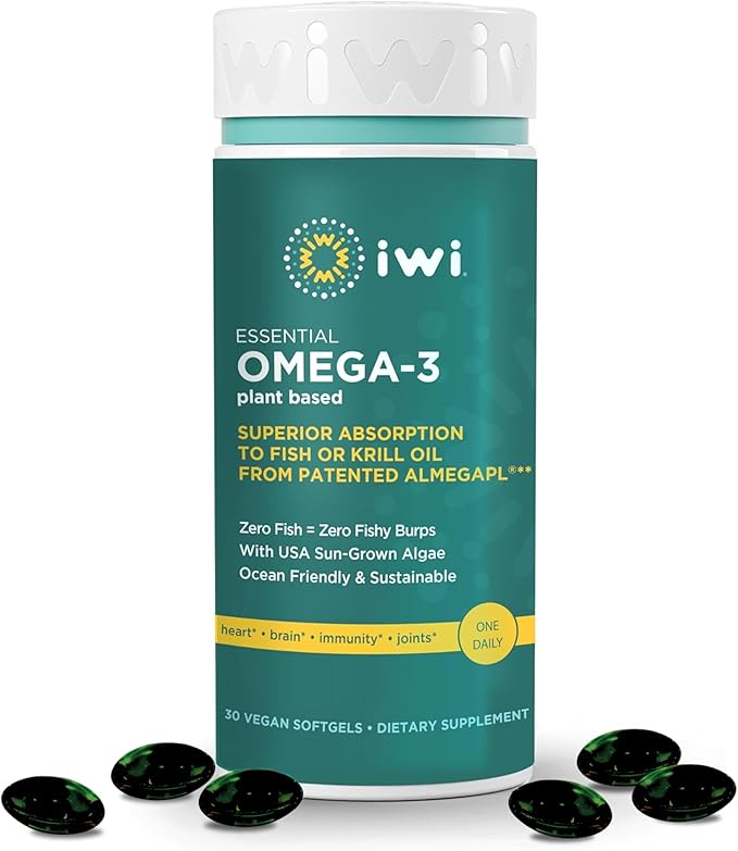 Iwi Omega-3 Essential, 30 Softgels (30 Servings), Plant-Based Algae Omega 3 with EPA + DHA, Brain, Heart & Immune Support Dietary Supplement, Krill & Fish Oil Alternative, No Fishy Aftertaste