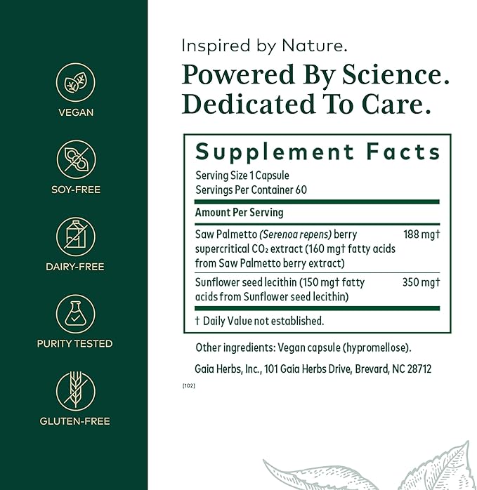 Gaia Herbs PRO Saw Palmetto - Healthy Prostate Gland Support Supplement* - Herbal Supplement with Saw Palmetto & Sunflower Seed - Vegan Gluten-Free Soy-Free - 60 Liquid Phyto-Caps (60 Servings)