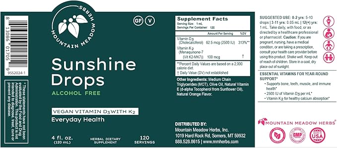Mountain Meadow Herbs Sunshine Drops | Vegan Vitamin D3 Booster for Healthy Bones & Teeth | Ideal Winter Supplement | Tincture 4oz