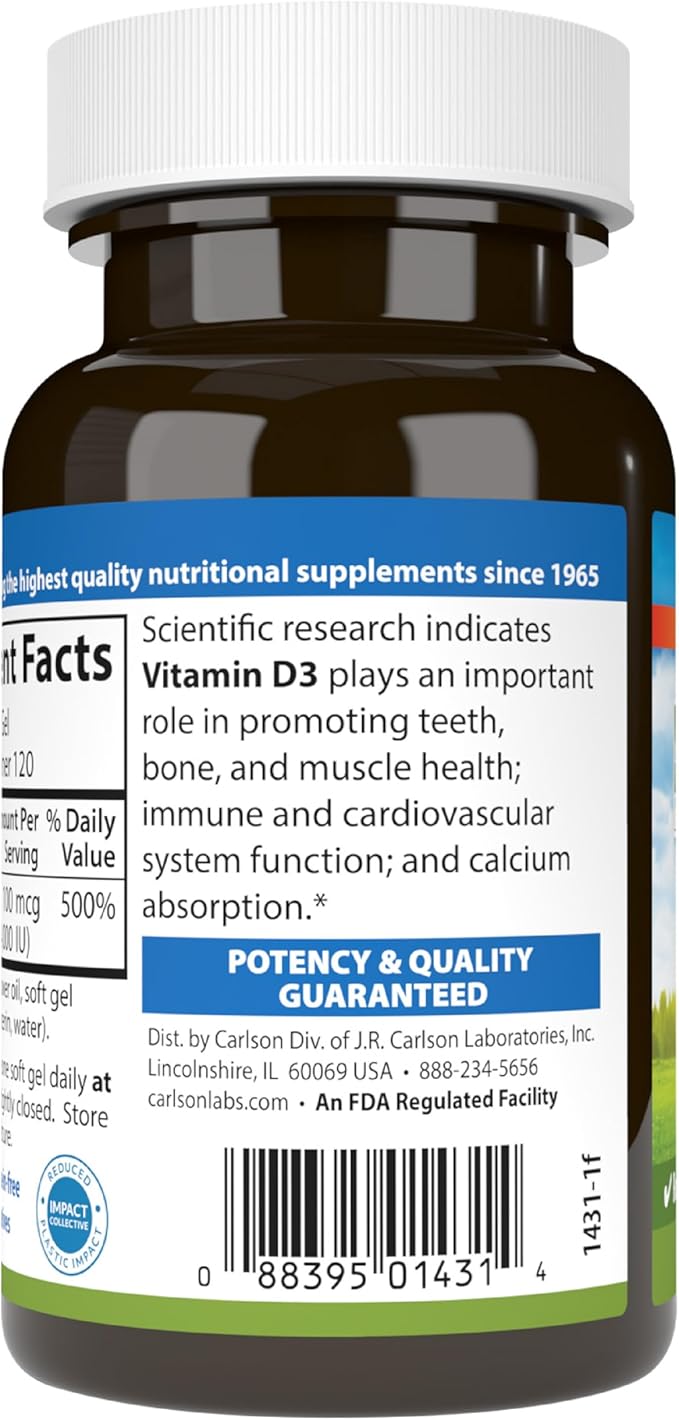 Carlson - Vitamin D3, 4000 IU (100 mcg), Vitamin D Supplements, Bone & Immune Health, Cholecalciferol Supplement, Gluten Free Vitamin D Capsules, 120 Softgels